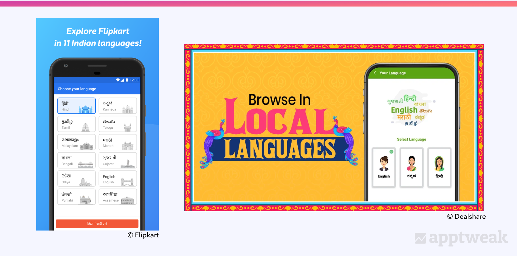 Flipkart and Dealshare highlight the accessibility of their app in local languages on their screenshots